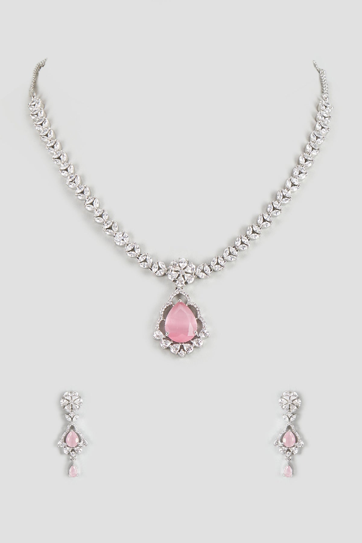 White Finish Zircon & Pink Stone Necklace Set