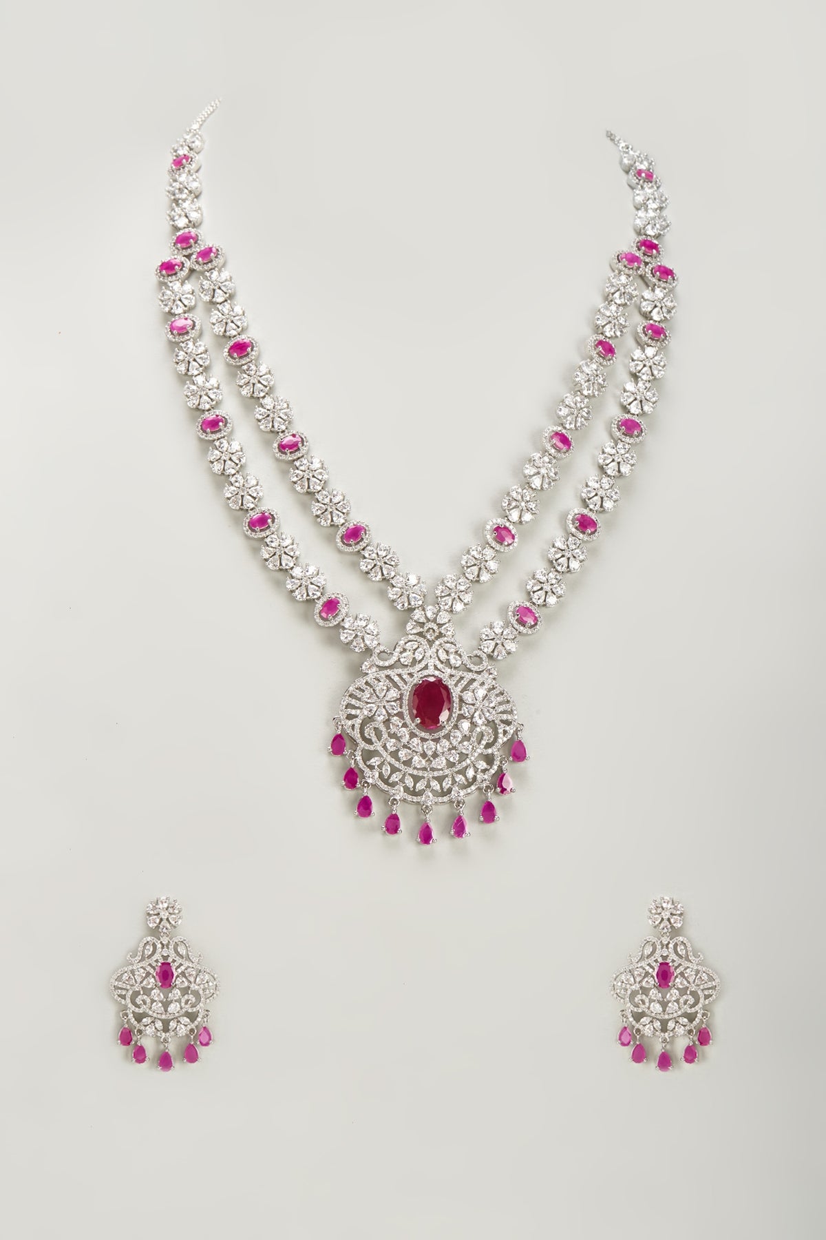 White Finish Zircon & Red Stone Long Necklace Set