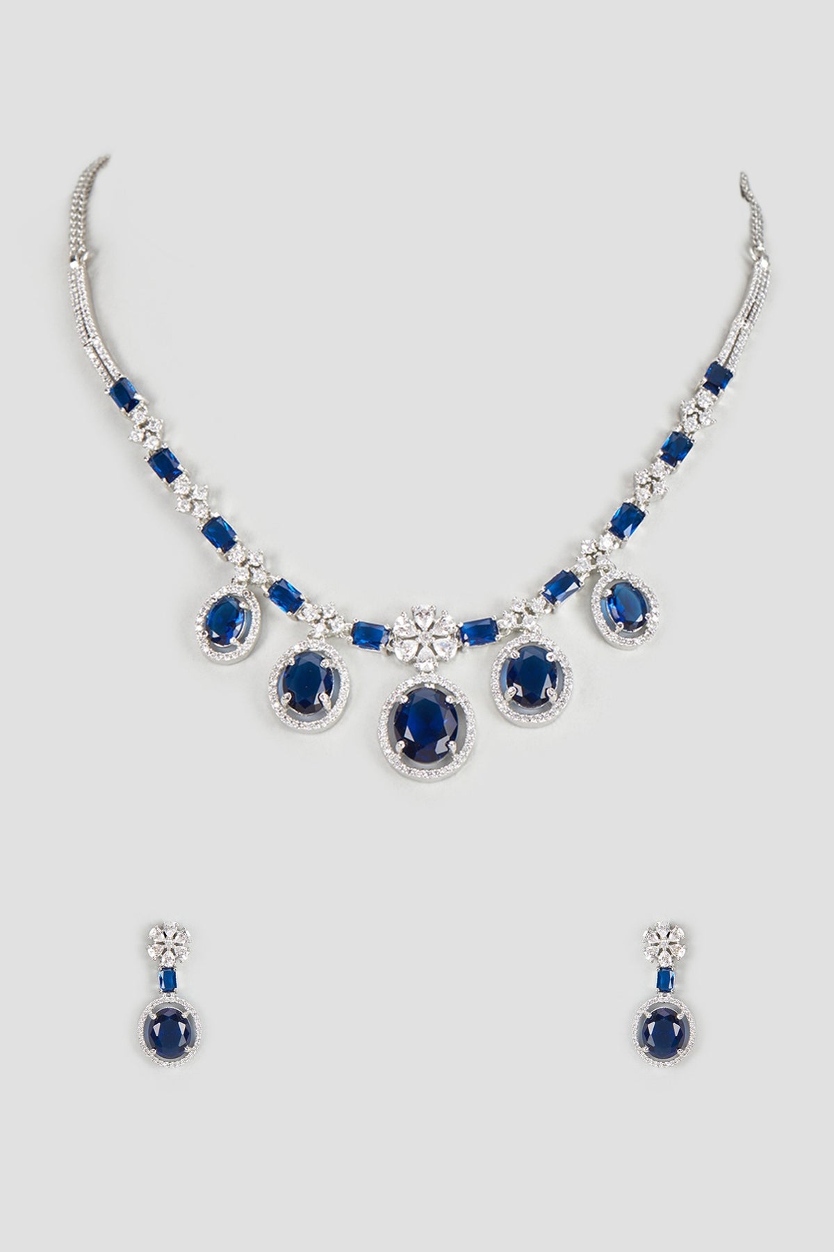 White Finish Zircon & Blue Stone Necklace Set