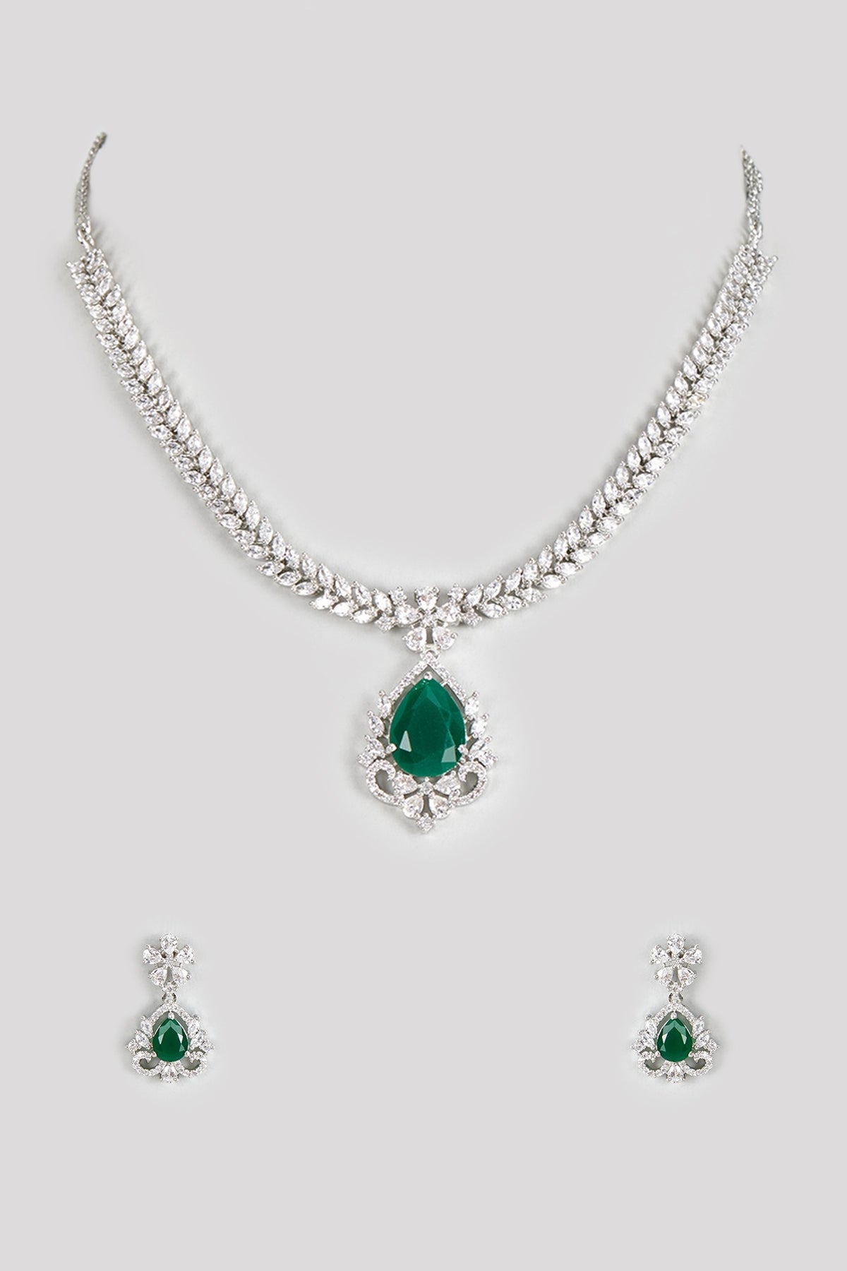 White Finish Zircon & Green Stone Necklace Set