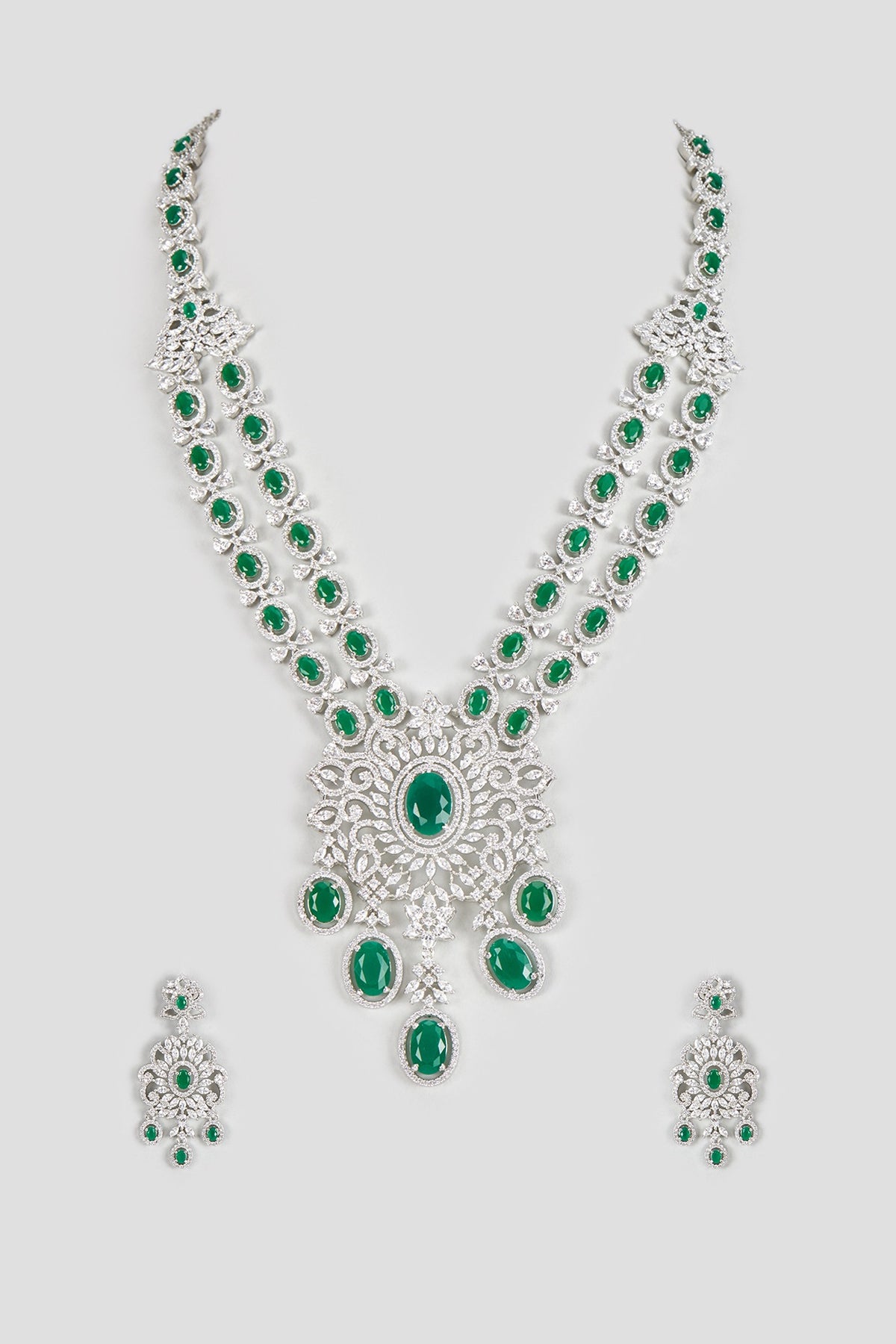 White Finish Zircon & Green Stone Necklace Set