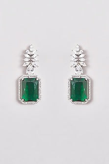 White Finish Zircon & Emerald Green Stones Long Necklace Set