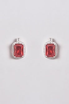 White Finish Zircon & Red Stone Long Necklace Set