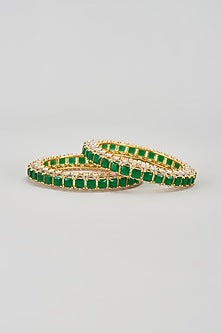Gold Finish Zircon & Green Stone Bangles (Set of 2)