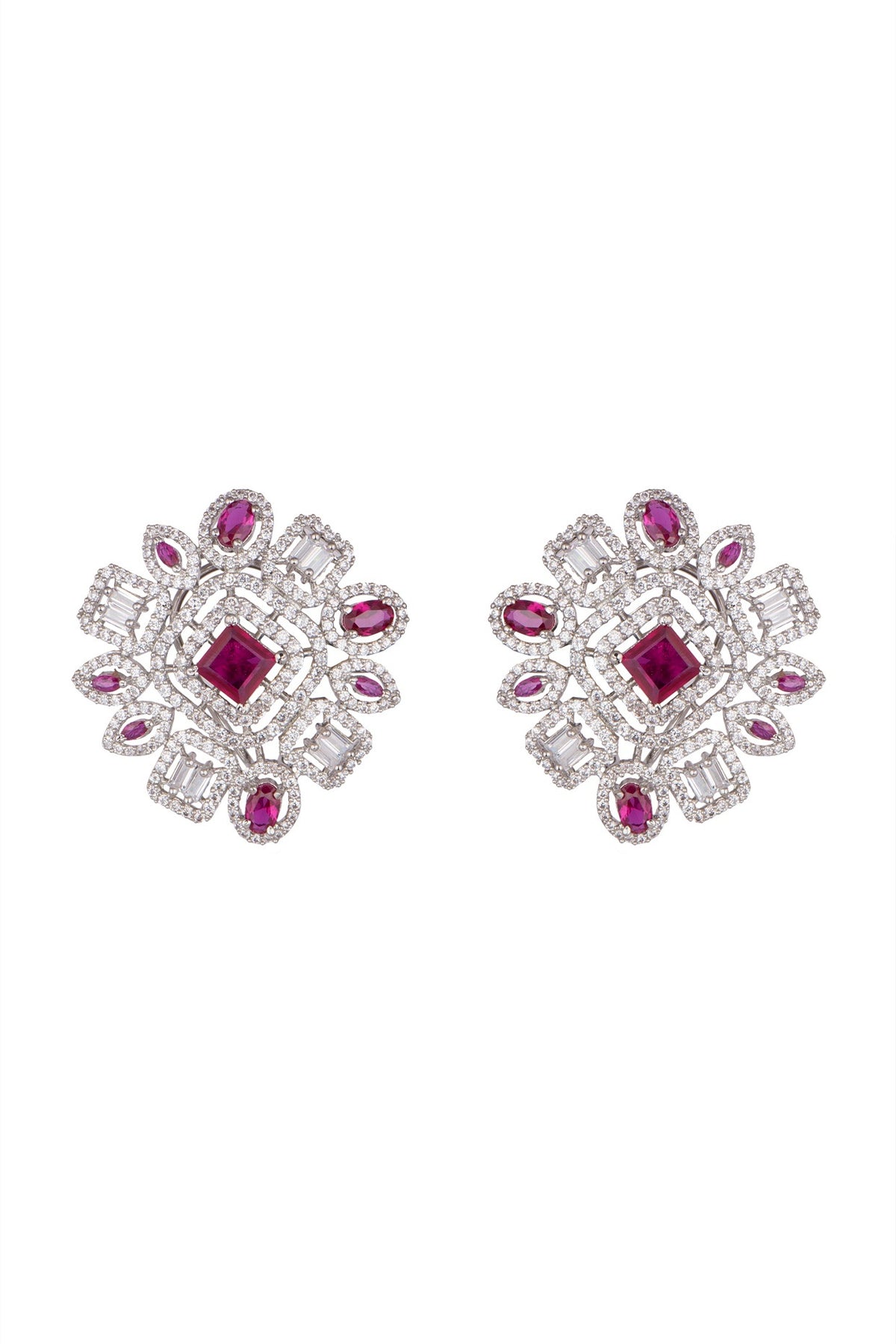 White Finish Faux Diamond & Stone Stud Earrings