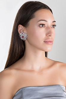 White Finish Faux Diamond & Stone Stud Earrings