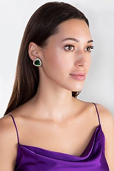 Black Rhodium Finish Faux Diamond & Green Stone Earrings