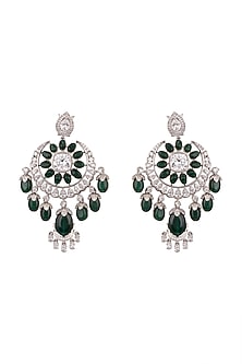 White Finish Green Stone Drop Earrings