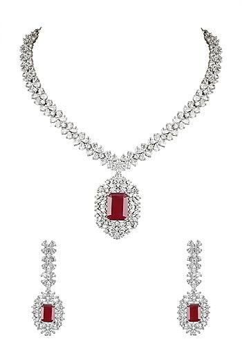 White Finish Red Stone Choker Necklace Set