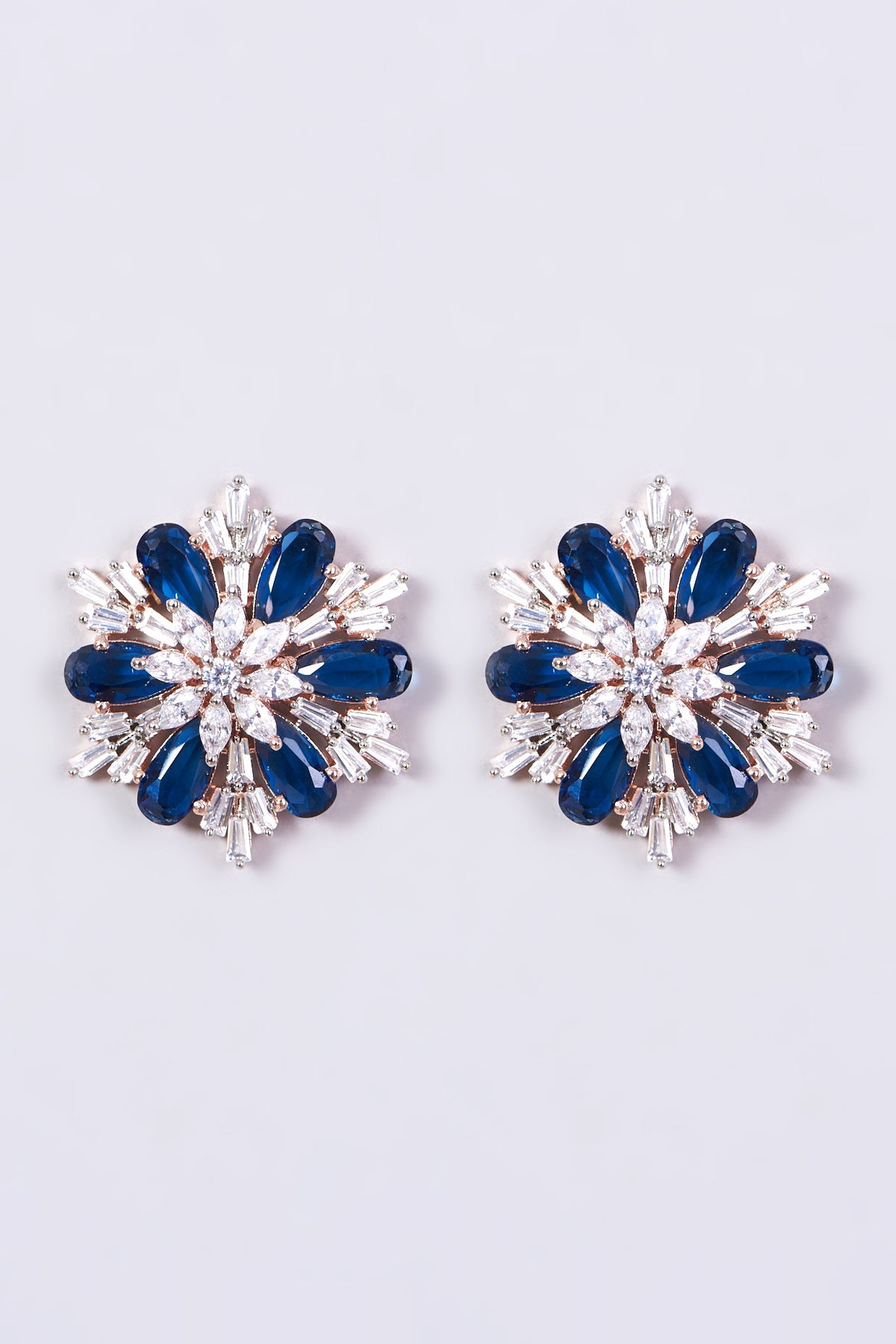 White Finish Blue Zircon Stud Earrings