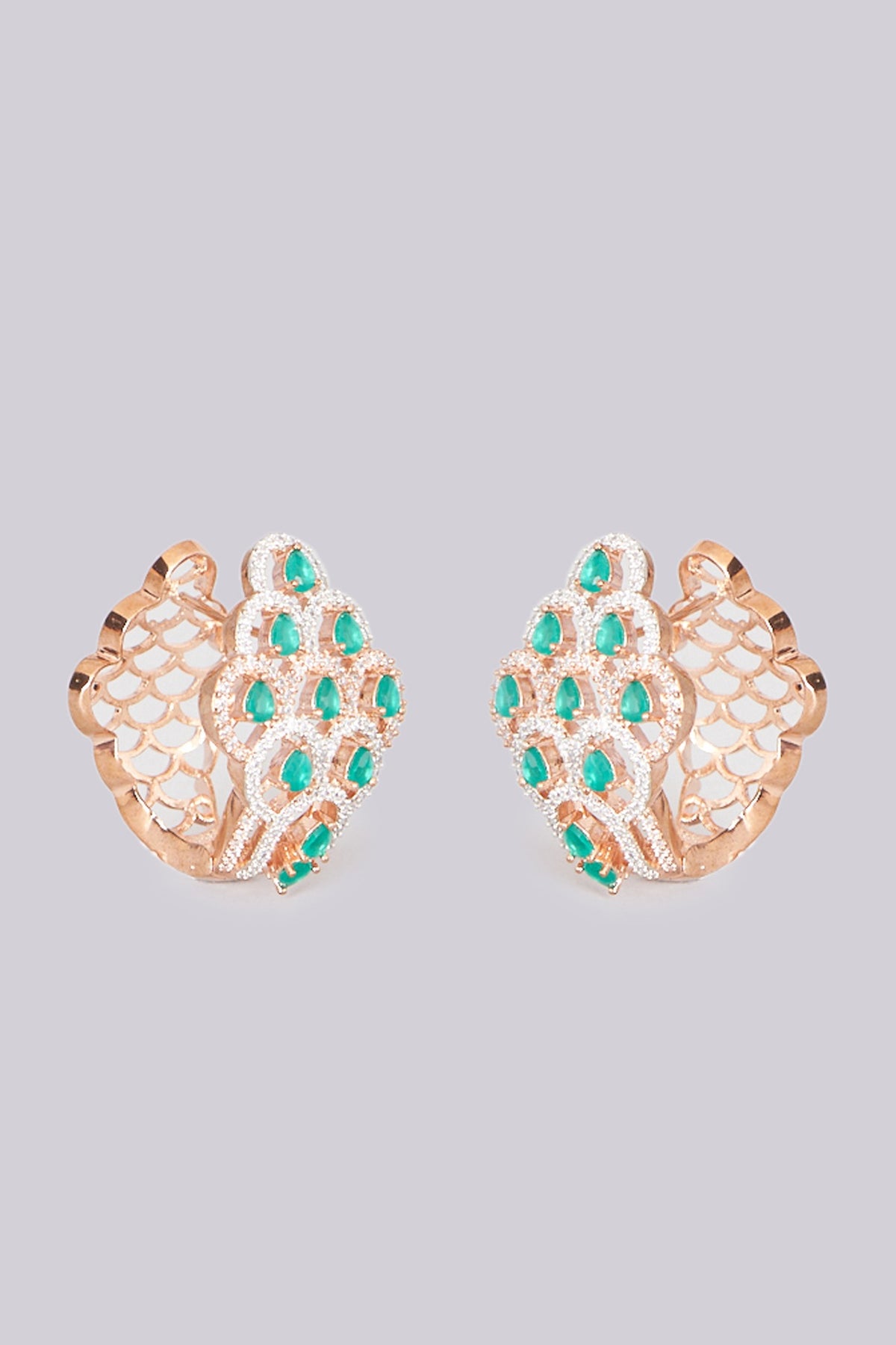 Rose Gold Finish Earrings With Green Stones