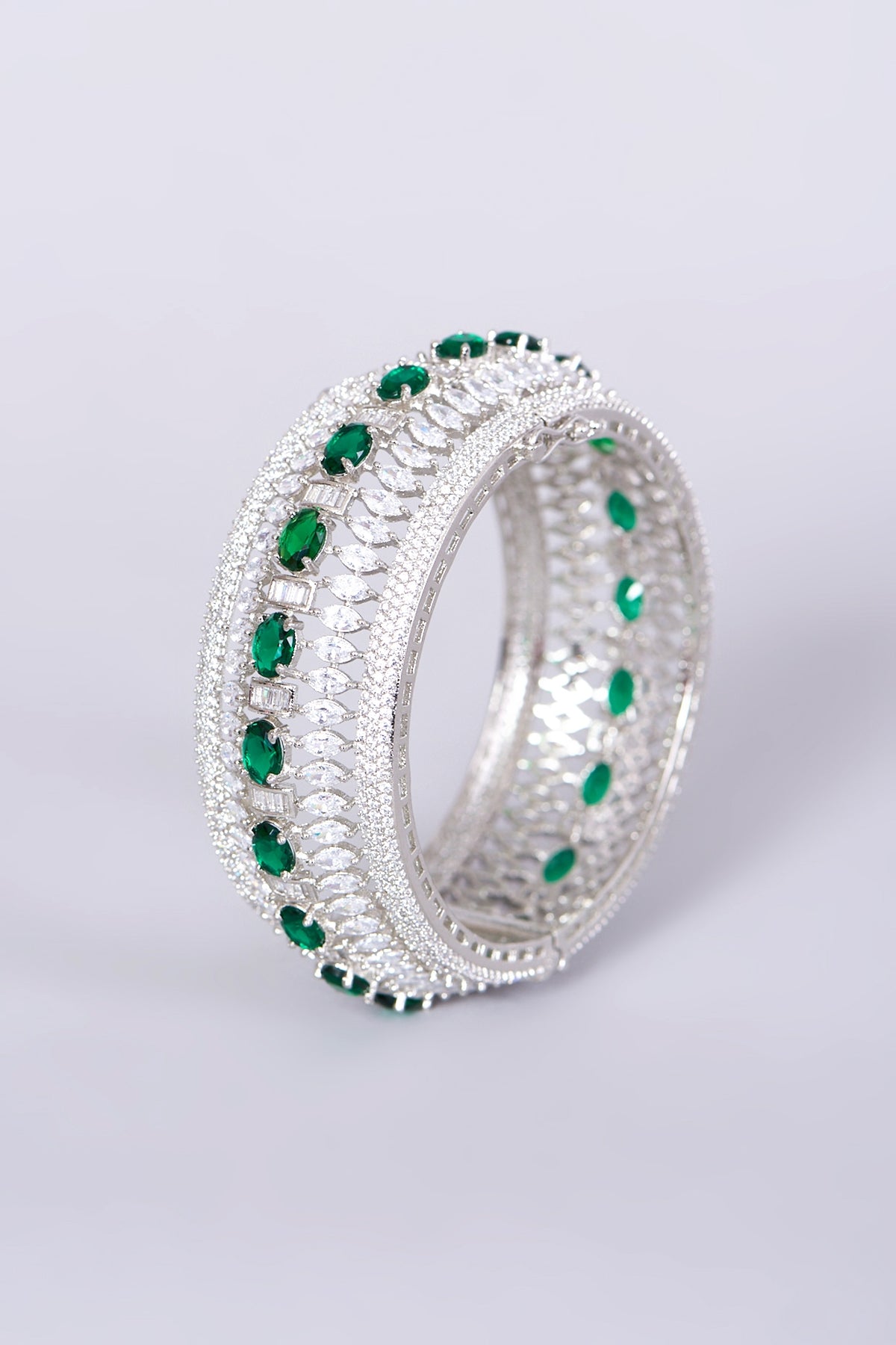 White Finish Faux Diamonds & Green Zircons Bangle