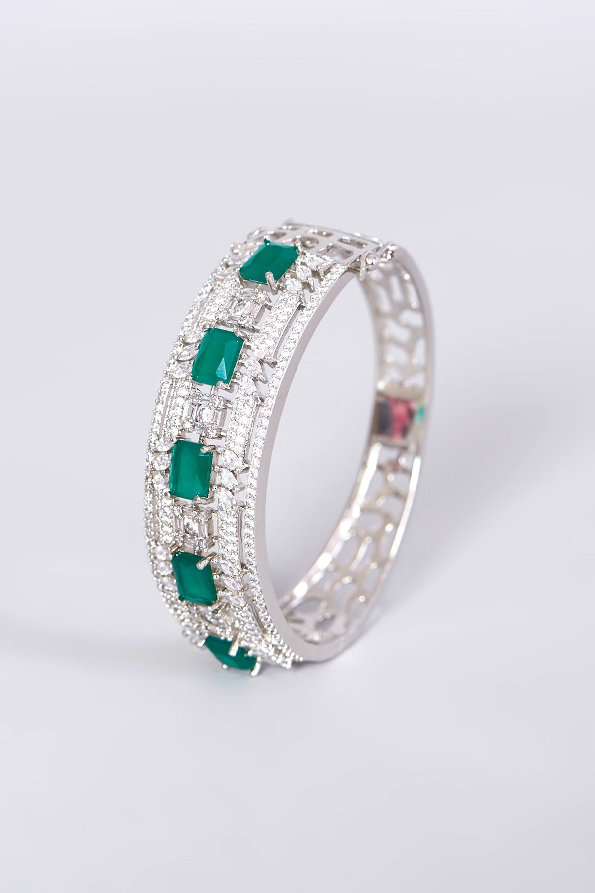 White Finish Green Synthetic Stone Bangle