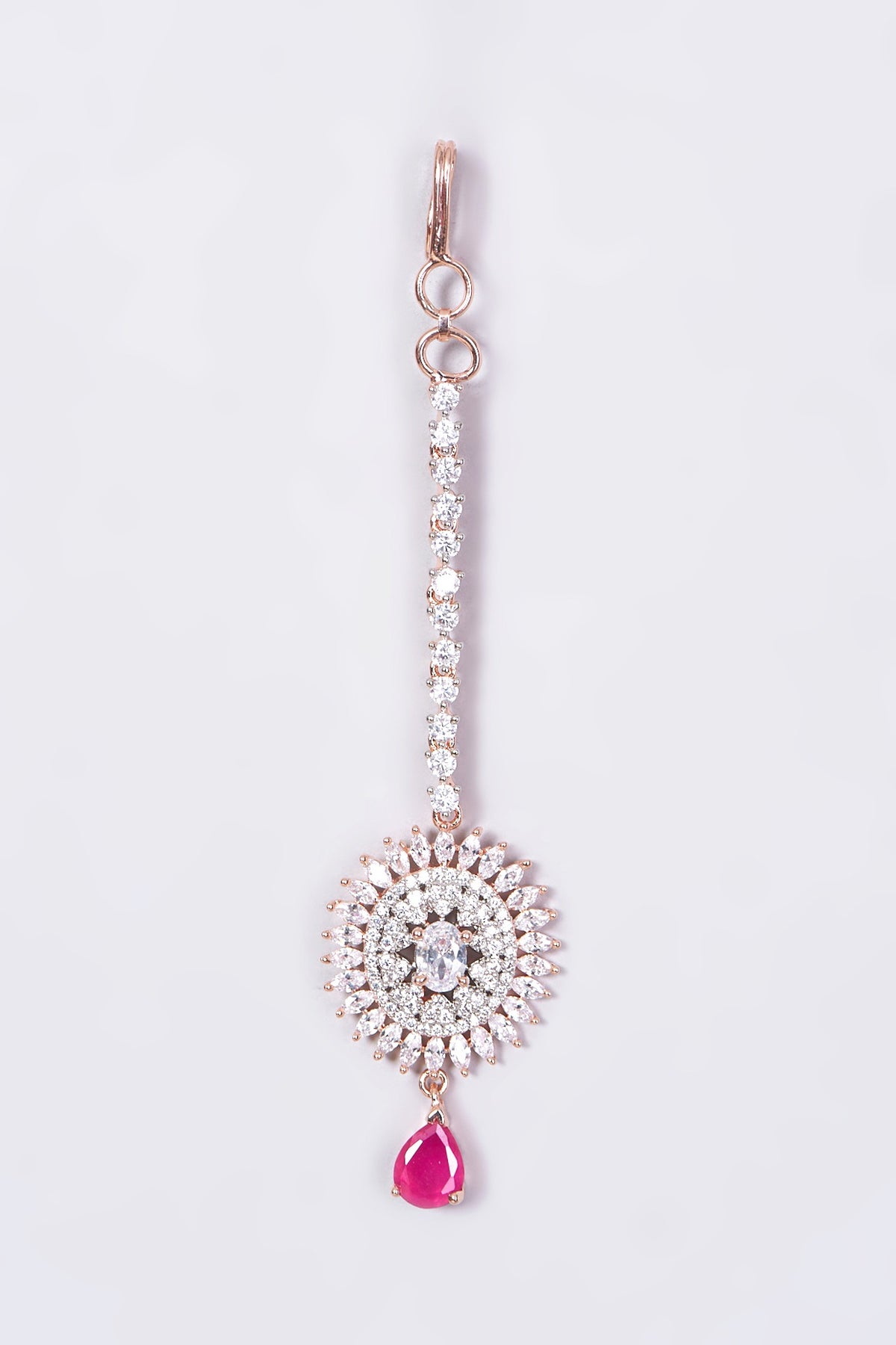 Rose Gold Finish Maang Tikka With Pink Stone Drop