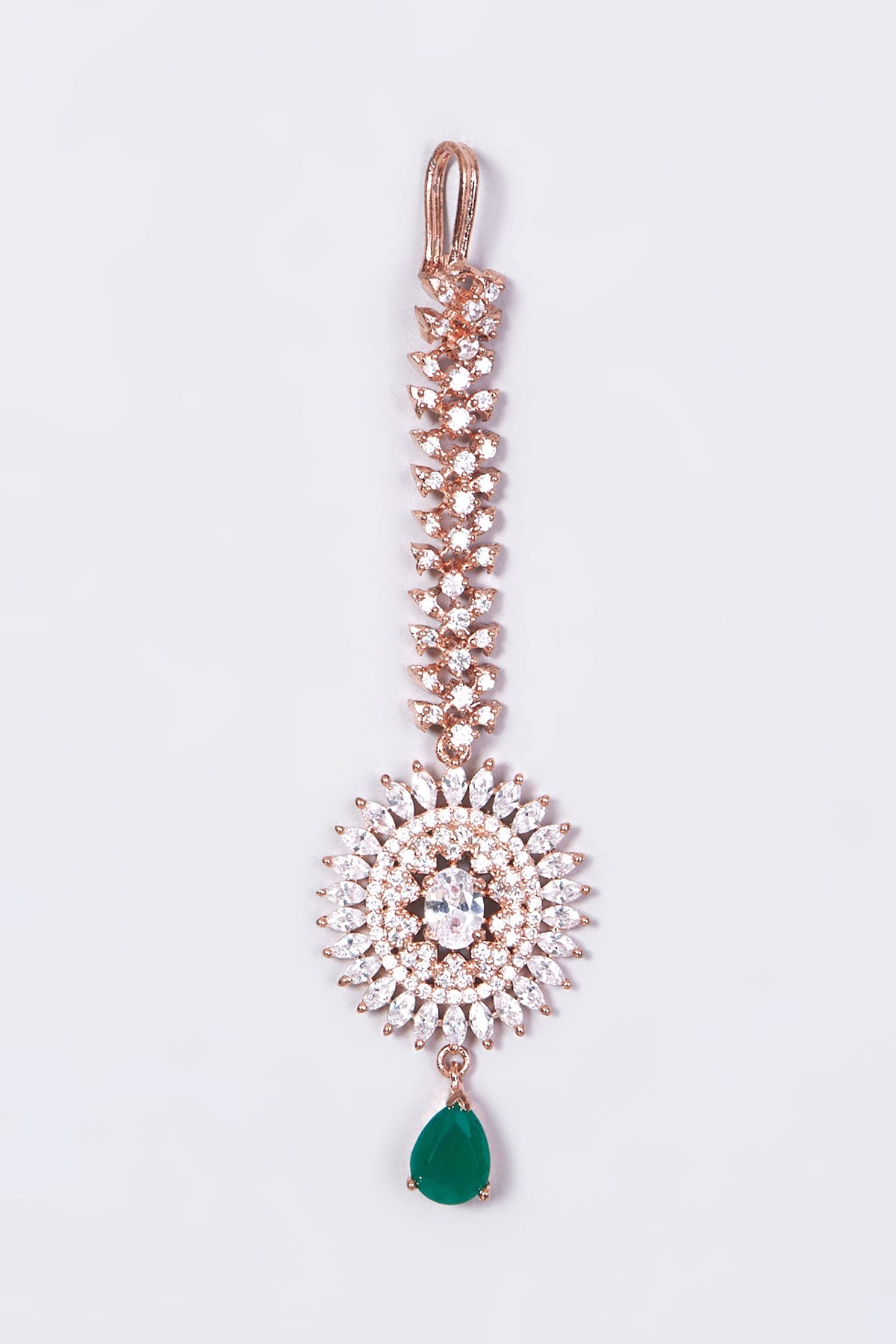 Rose Gold Finish Maang Tikka With Green Stone Drop