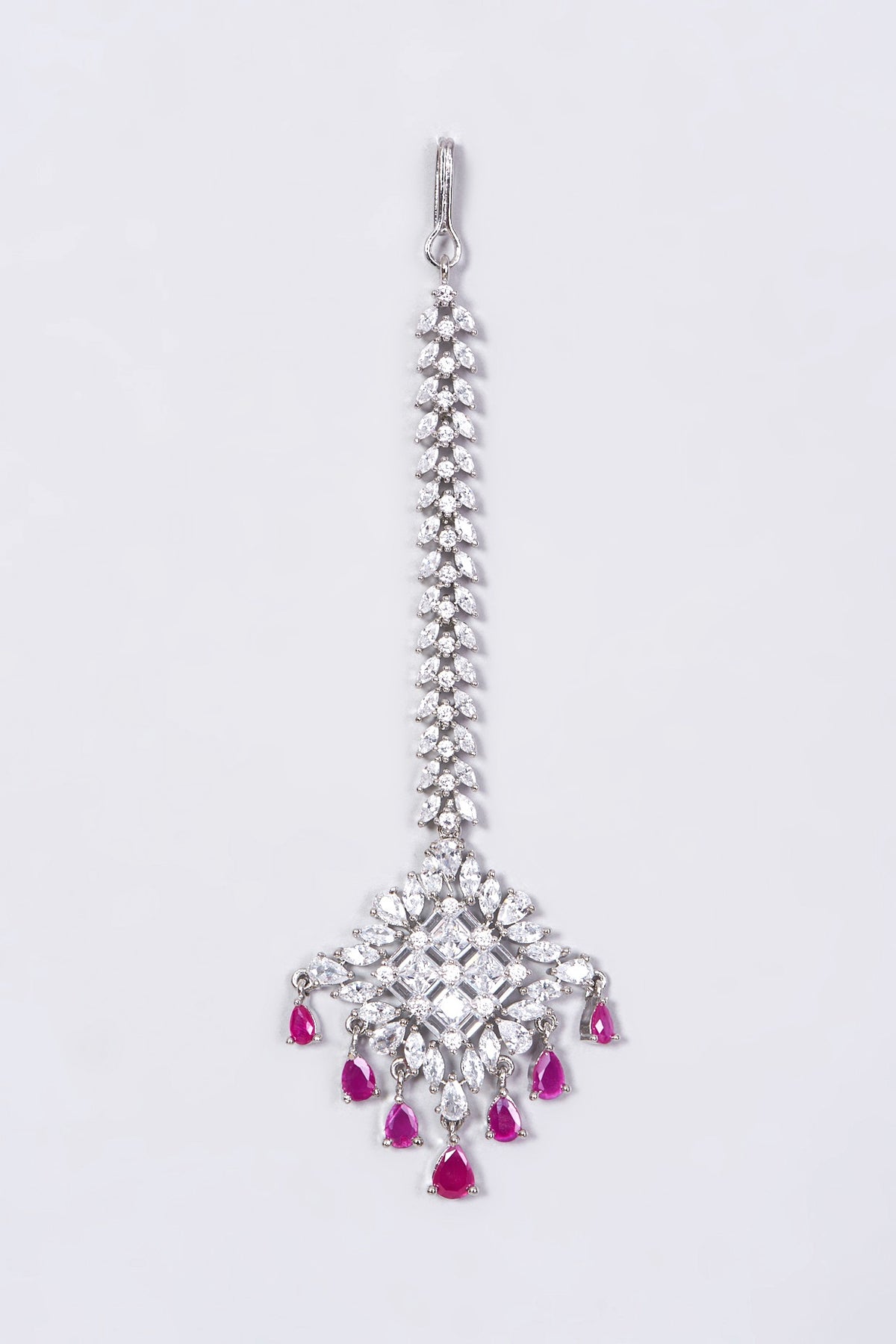 White Finish Maang Tikka With Pink Synthetic Stones