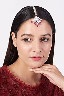 White Finish Maang Tikka With Pink Synthetic Stones