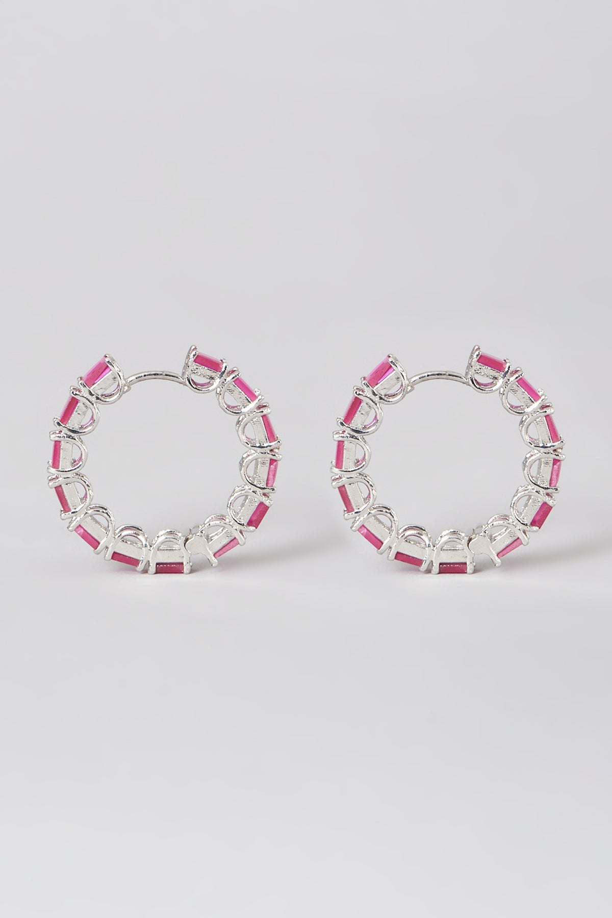 Black Rhodium Finish Earrings With Pink Synthetic Stones