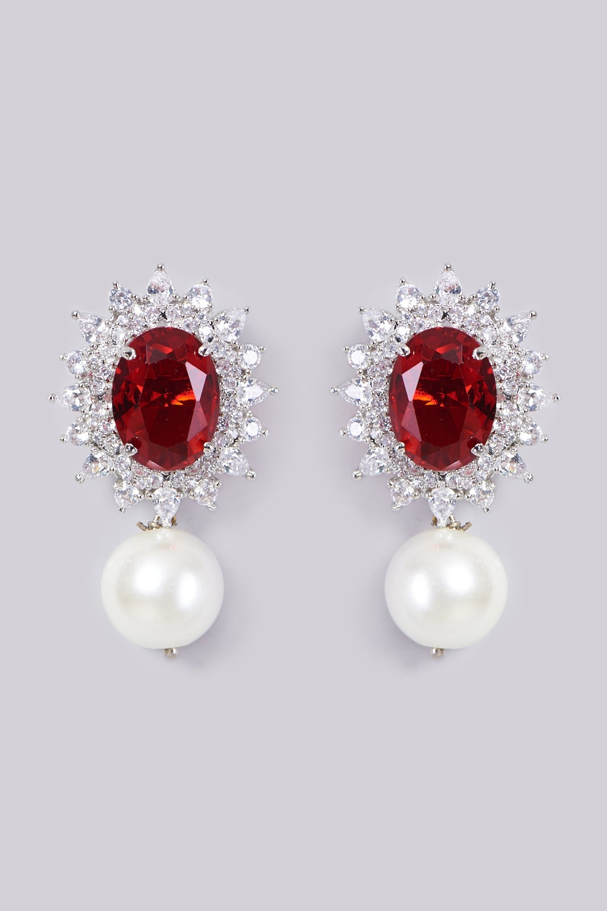 White Finish Red Stone Earrings