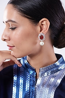 White Finish Red Stone Earrings