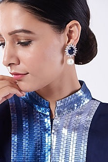 White Finish Blue Stone Earrings