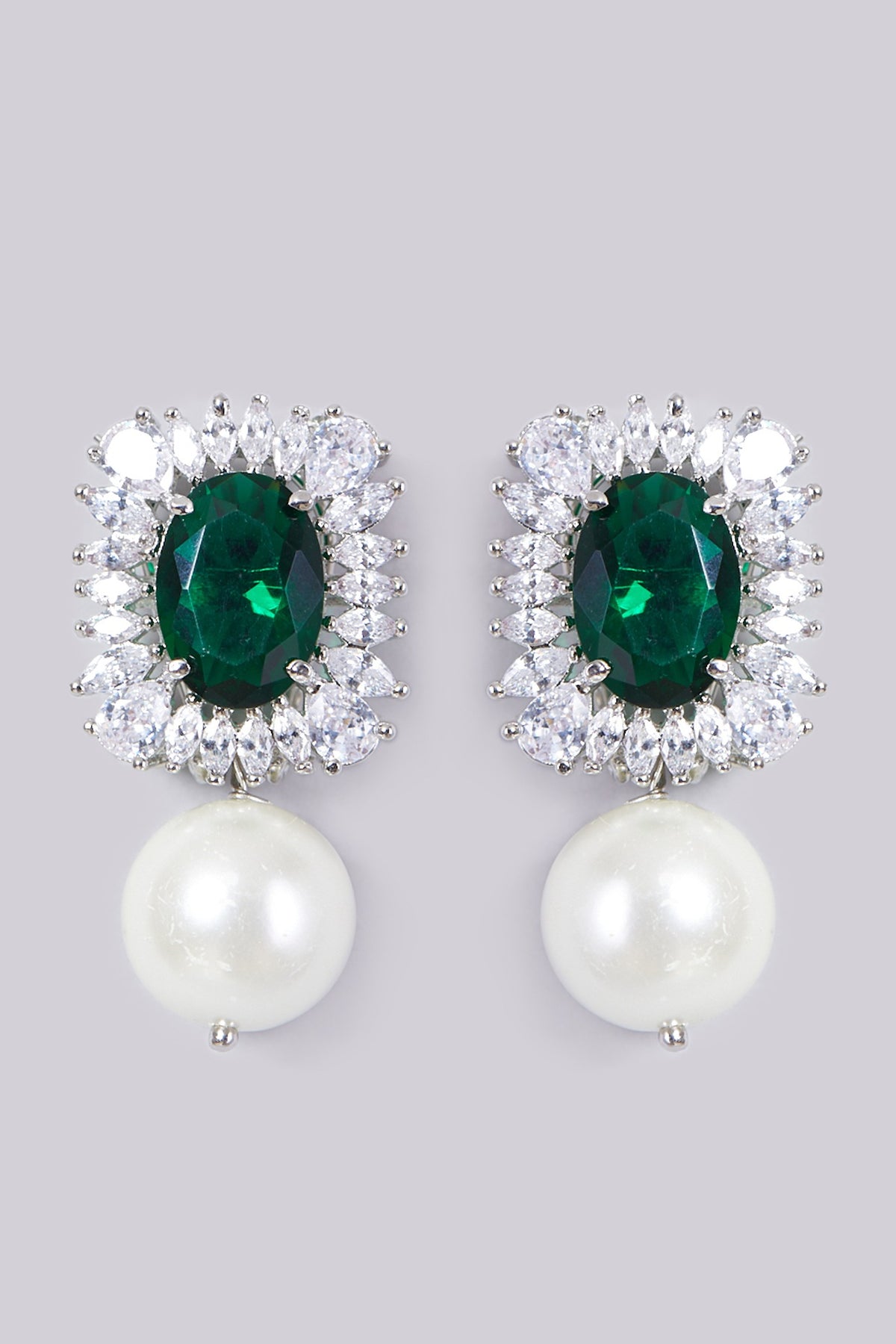 White Finish Green Stone Earrings