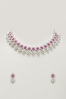 White Finish Zircon & Red Stone Necklace Set
