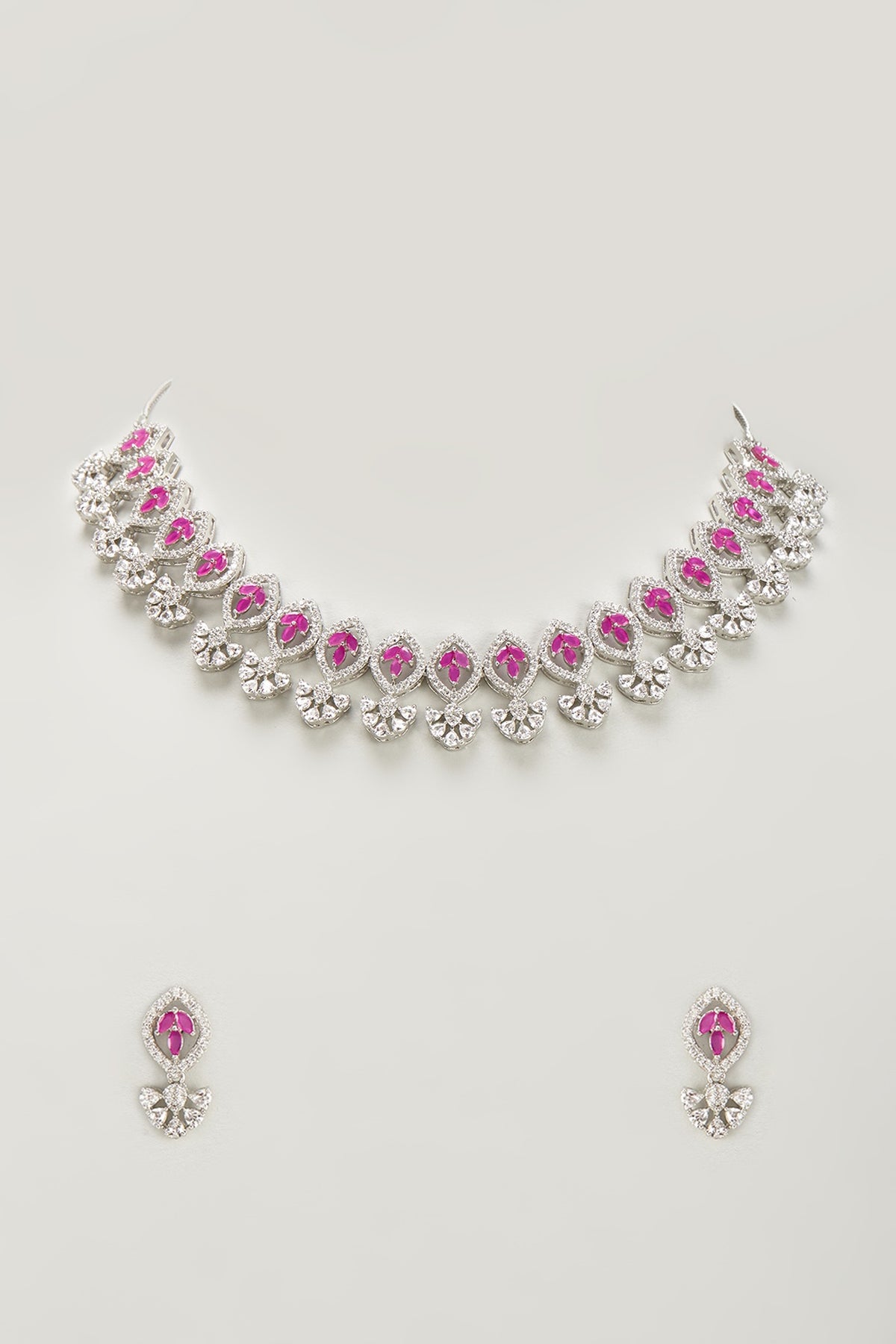 White Finish Zircon & Red Stone Necklace Set