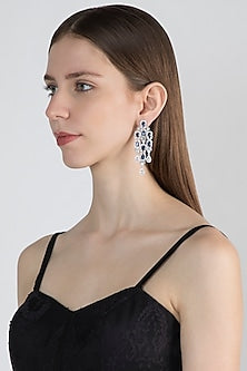 White Finish Faux Diamond Earrings With Blue Stones