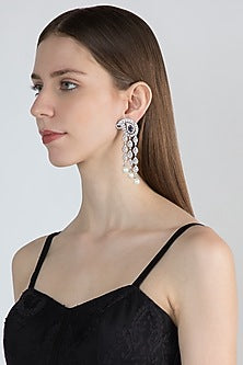 White Finish Blue Stone Earrings With Faux Pearls