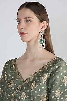 White Finish Green Stone Long Earrings