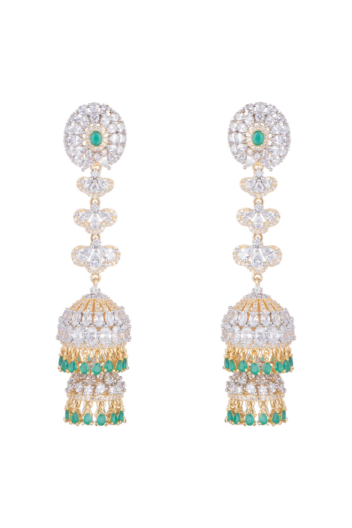 Gold Finish Long Jhumki Earrings With Green Stones