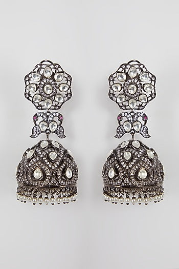 Black Rhodium Finish Diamond & Pearl Earrings
