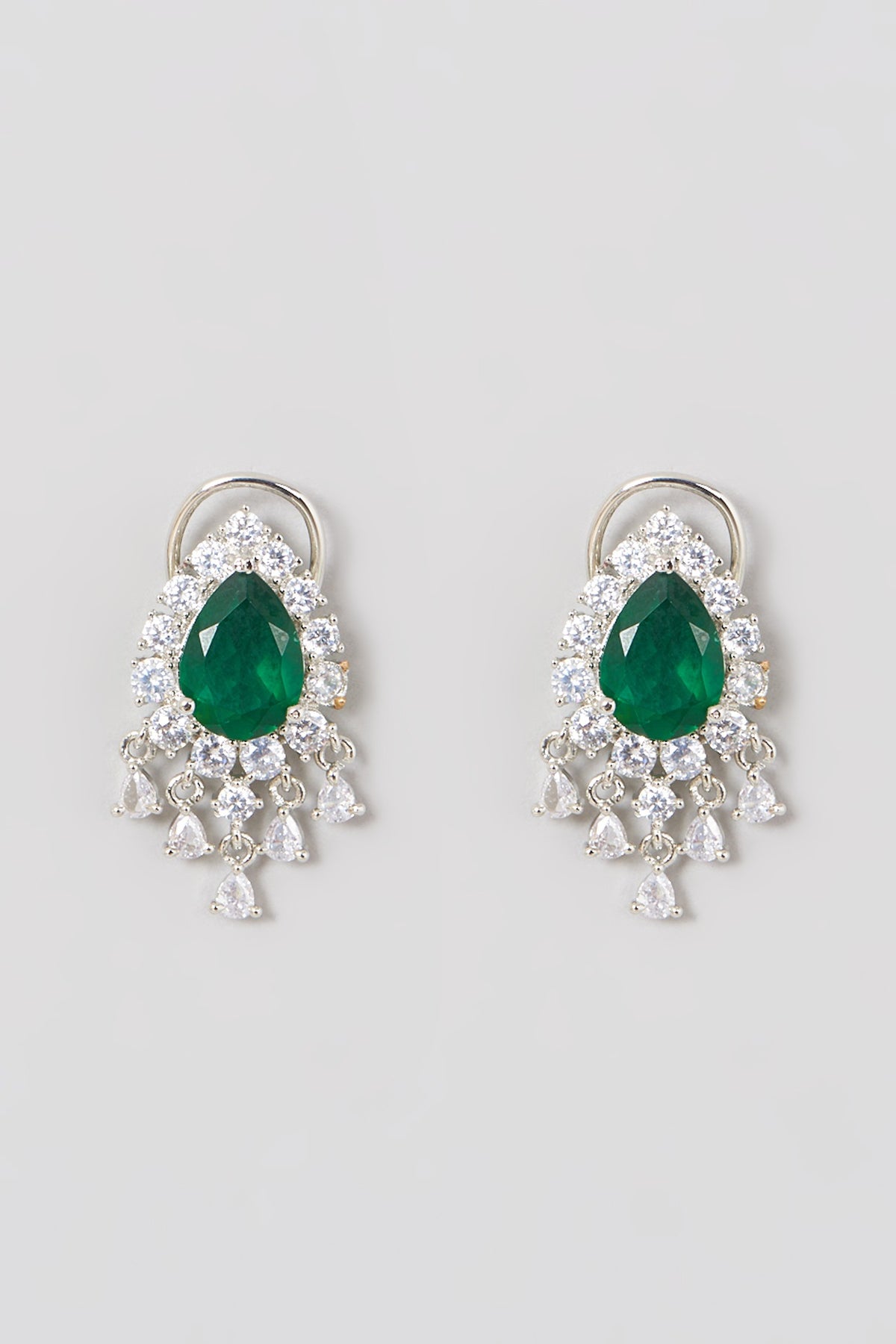 White Finish Zircon & Green Synthetic Stone Earrings