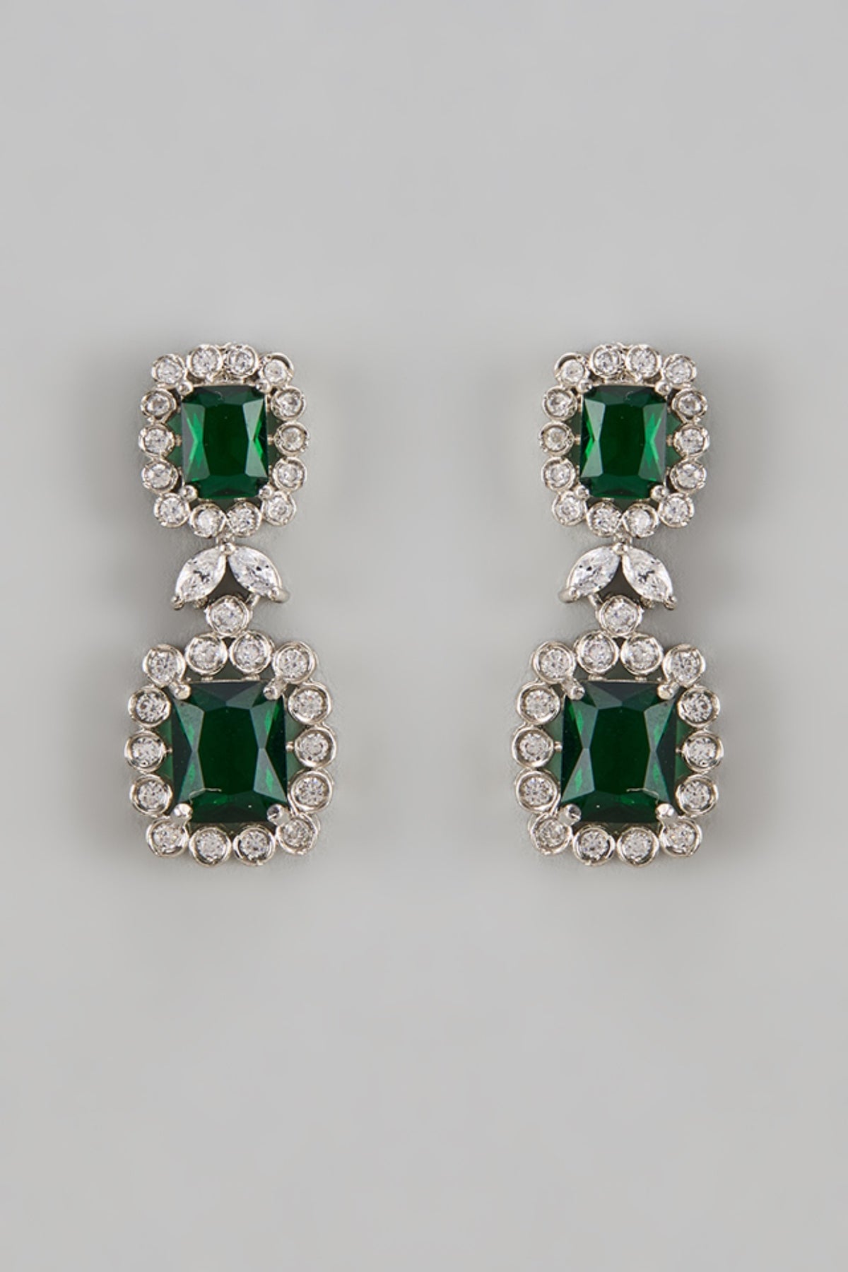 White Finish Zircon & Emerald Stone Dangler Earrings