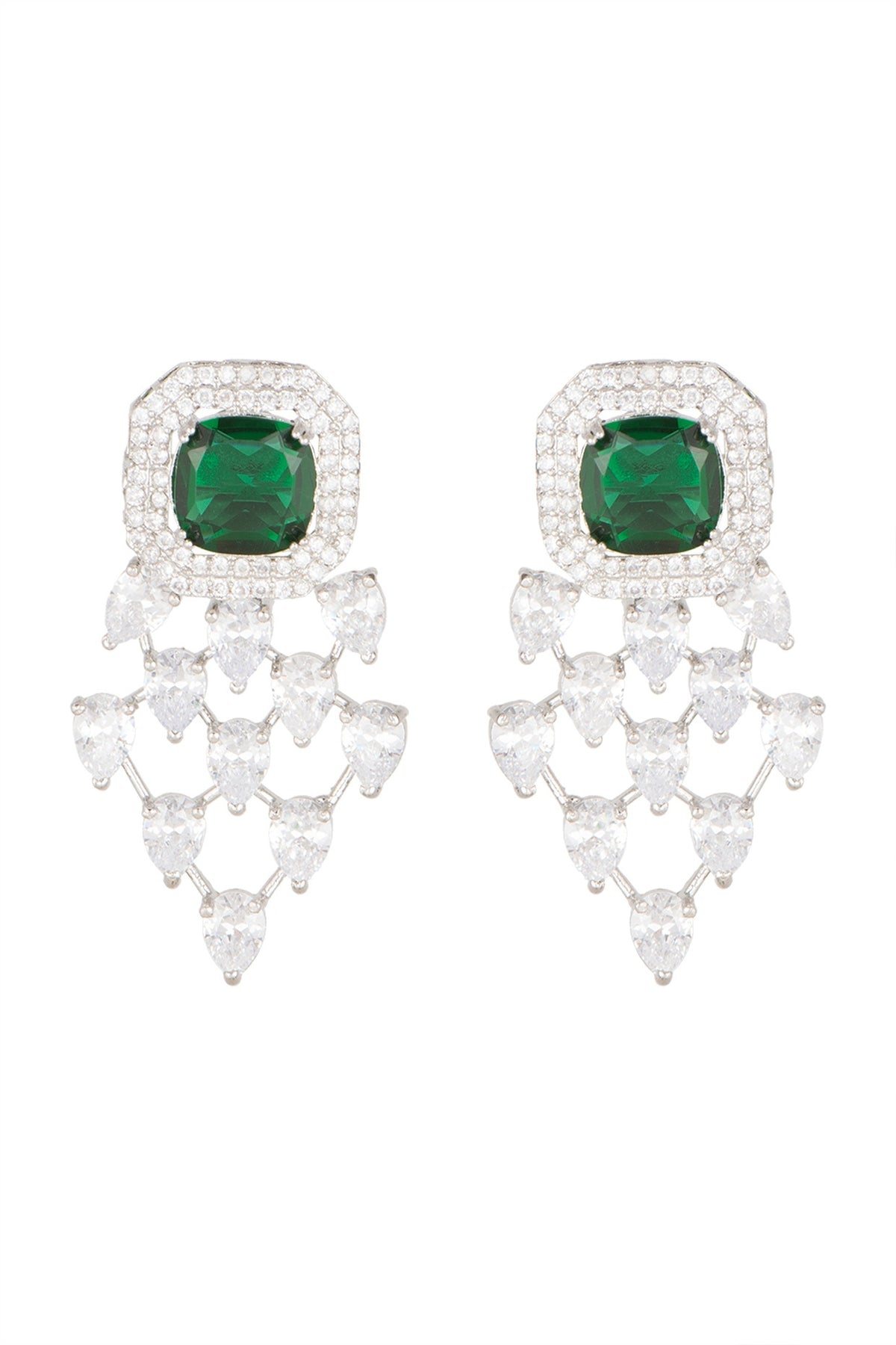 White Finish Diamond & Green Stone Earrings