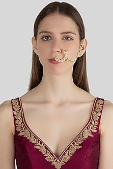 Gold Finish Kundan & Faux Pearl Nose Ring With Kan Chain