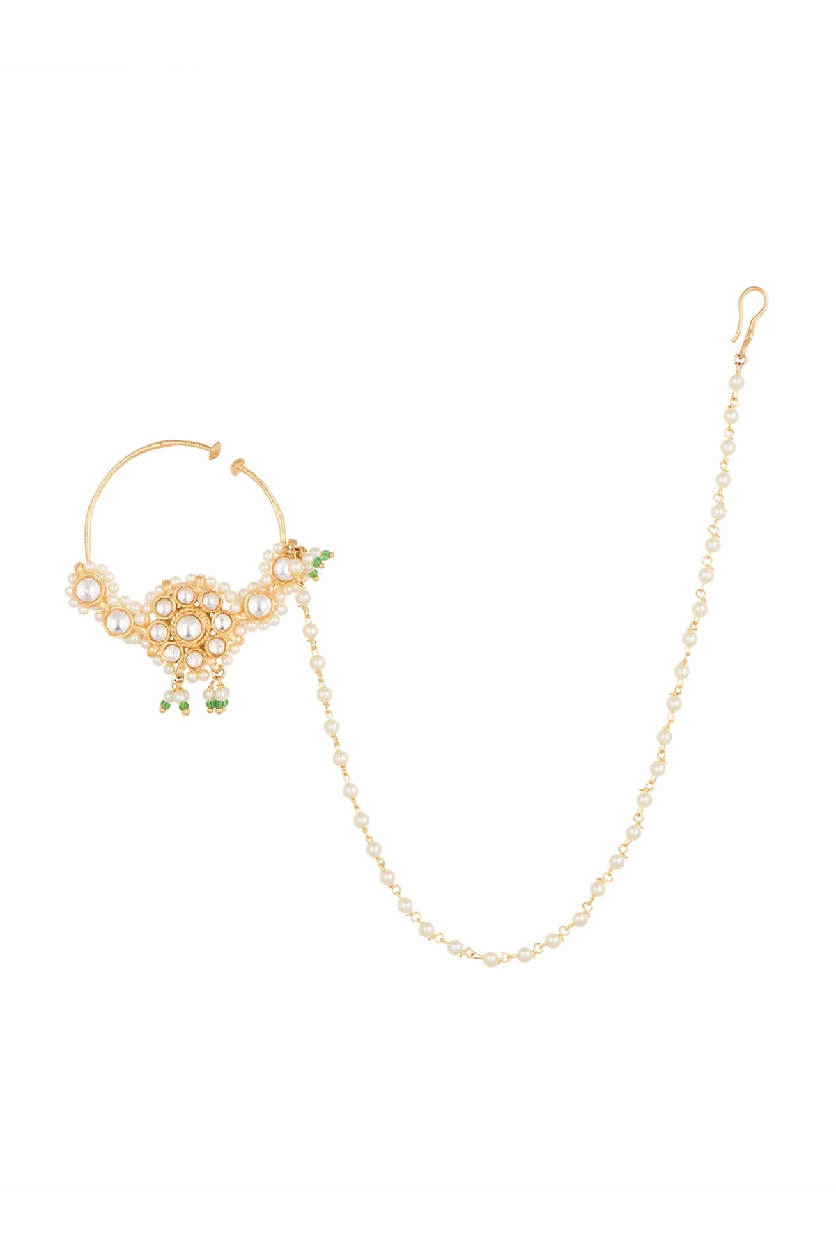 Gold Finish Green Stone Nose Ring With Kan Chain