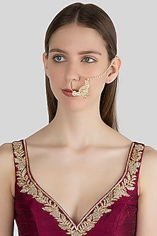 Gold Finish Green Stone Nose Ring With Kan Chain