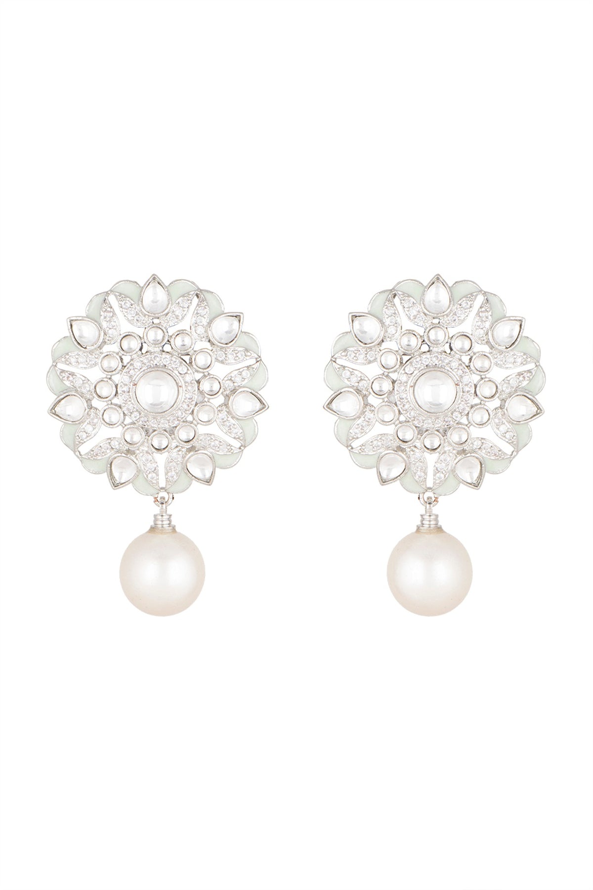 White Finish Diamond & Pearl Earrings