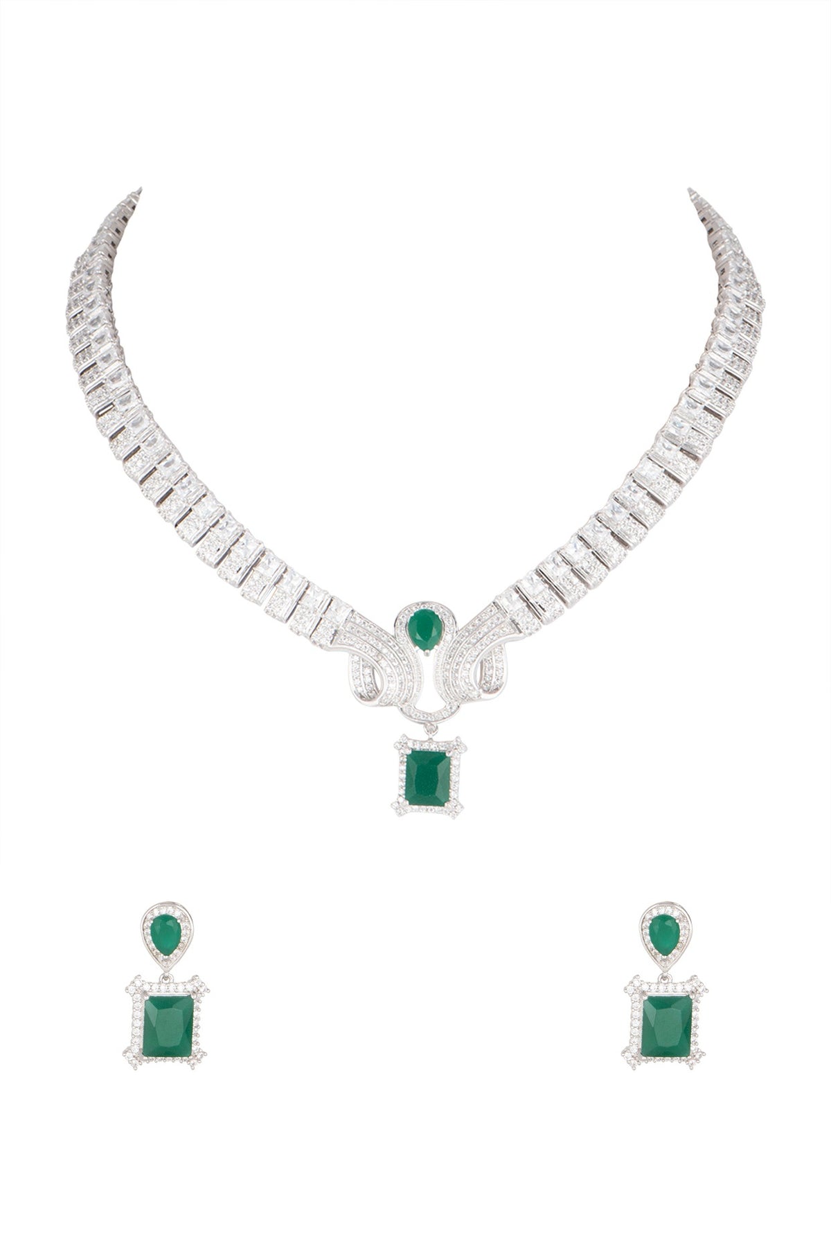 White Finish Green Stone & Diamond Necklace Set