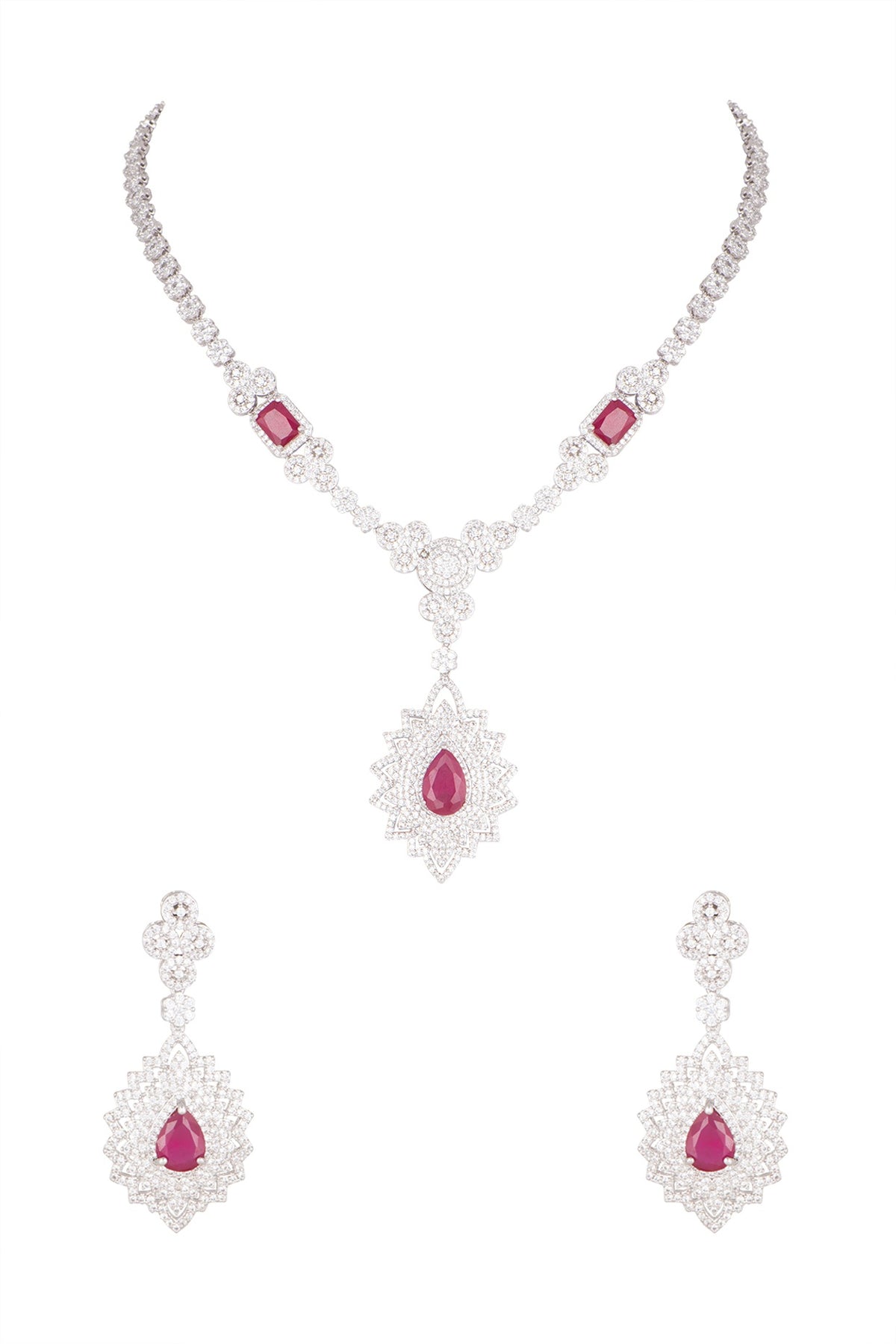 White Finish Stone & Diamond Necklace Set