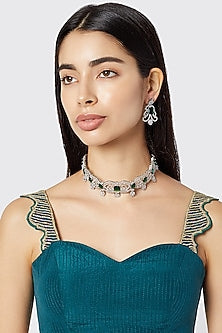 White Finish Zircon & Green Stone Choker Necklace Set
