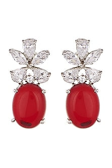 White Finish Red Stone & Zircon Dangler Earrings