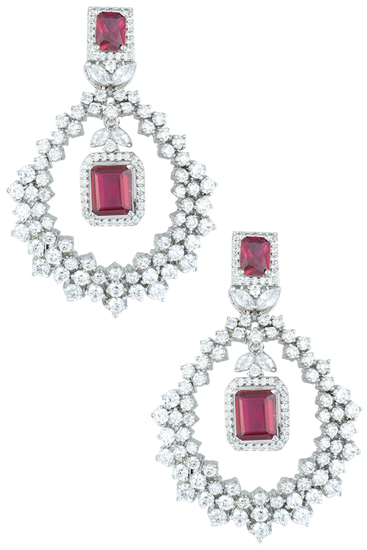 Silver plated faux diamonds and ruby earrings