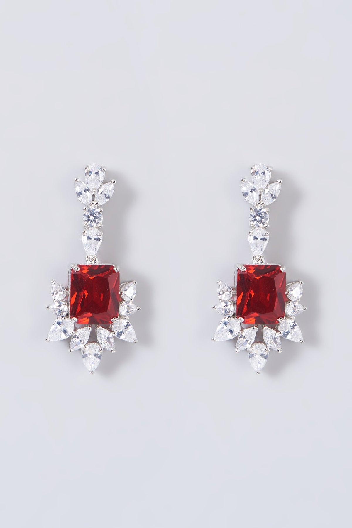 White Finish Red Stone & Zircon Dangler Earrings