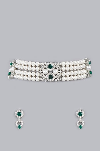 White Finish Pearl & Zircon Choker Necklace Set