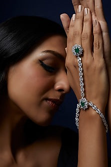 White Finish Zircon & Green Stone Haathphool (Set Of 2)