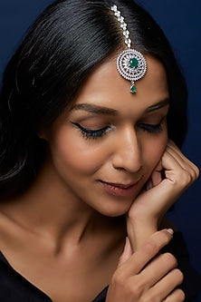 White Finish Zircon & Green Stone Maangtikka