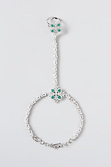 White Finish Faux Diamond & Green Stone Hand Harness